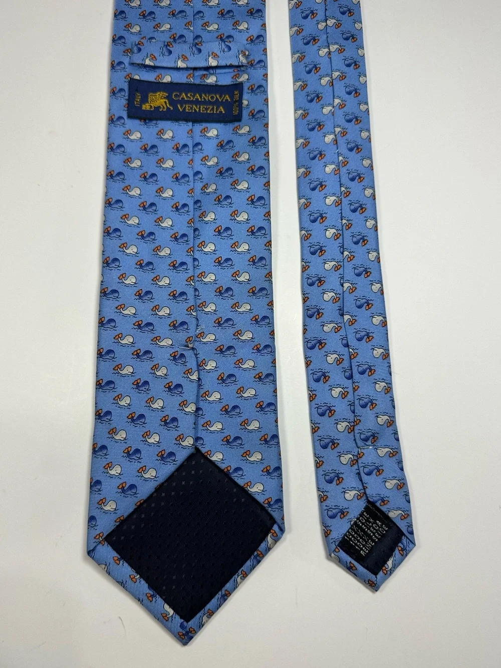 Casanova Venezia Whale Print Silk Tie Blue Novelty Marine Nautical Italy 60”